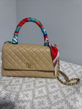Beige Quilted Leather Top-Handle Bag with Gold Chain